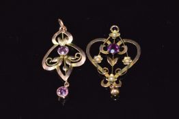 Two Edwardian 9ct gold pendants, one set with amethysts and seed pearls the other amethysts, 2.3g