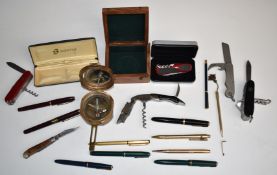 Brass Natural Sine compass, a collection of pens including Esterbrook, Parker Victory, Parker