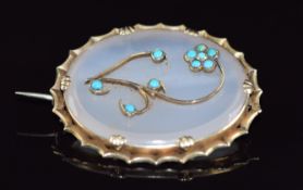 Victorian brooch set with chalcedony and turquoise, 14.4g, 4 x 3.2cm