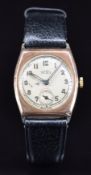 Trebex 9ct gold gentleman's wristwatch with subsidiary seconds dial, blued hands, Arabic numerals,