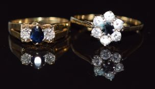 A 9ct gold ring set with a sapphire and diamonds and a 9ct gold ring set with paste, 4.8g, size