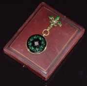 Aubert & Klaftenberger 18ct gold pocket watch set with black and green enamel in a foliate design