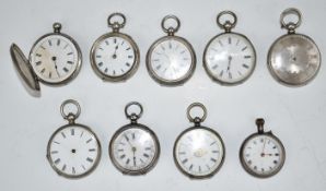 Nine hallmarked and other silver open faced pocket watches each with Roman numerals and engraved