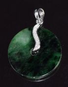 An 18ct white gold pendant set with jadeite and diamonds, 2.2cm, 3.6g