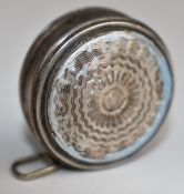 Blue guilloché enamel decorated Rabone tape measure, diameter 3cm