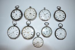 Nine hallmarked and other silver open faced pocket watches including Waltham, J G Graves of