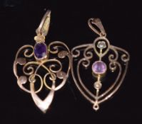 Two Edwardian 9ct gold pendants, one set with an amethyst the other amethyst and seed pearls, 3.6g