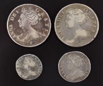Queen Anne coins comprising two half crowns 1707E and 1709, together with a 1711 shilling and a