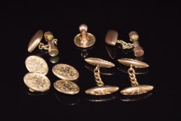 Three pairs of 9ct rose gold cufflinks (10.4g) and a 15ct gold stud, 1.4g