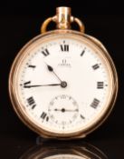 Omega gold plated keyless winding open faced pocket watch with Parsons of Bristol retailer's mark to