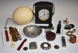 Collectables including ostrich egg, pocket barometer in case, Primavesi Bournemouth cased travelling