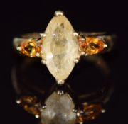 A 9ct gold ring set with rutile quartz and citrine, 2.9g, size J