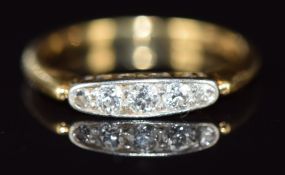 Art Deco 18ct gold ring set with five diamonds in a platinum setting, 2.6g, size N