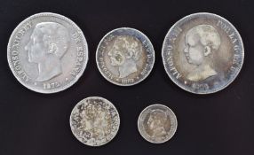 A collection of 19thC Spanish coinage to include 1875 and 1890 5 pesetas, 1882 2 pesetas, 1896 1