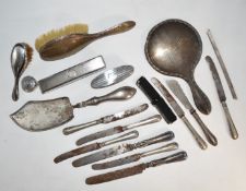 Various hallmarked silver lidded and mounted items including hand mirror, brushes, knives, cut glass