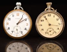 Two keyless winding open faced pocket watches Cyma military with inset subsidiary seconds dial,