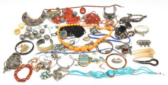 A collection of white metal jewellery set with agate, sodalite beads, white metal beads, etc