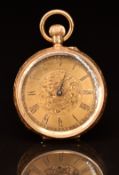 Unnamed 18ct gold keyless winding open faced pocket watch with blued hands, black Roman numerals,