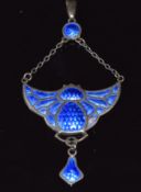 Charles Horner silver scarab beetle pendant set with blue enamel, Chester 1911, 6 x 3cm