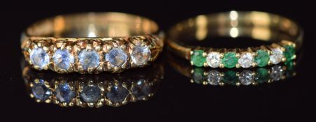A 9ct gold ring set with emeralds and cubic zirconia, and a 9ct gold ring set with sapphire, 3.7g,