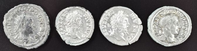 Four Roman Imperial silver coins comprising two Septimus Severus Denarius 206 and 207AD, EF and NEF,