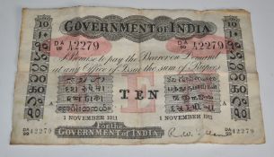 Government of India 10 rupees, Letter `A` for Cawnpore, 1 November 1911, serial number AD/99