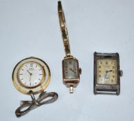 Three various watches comprising an Art Deco 9ct gold example on 9ct gold bracelet, a Bravington's