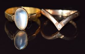 Victorian ring set with a moonstone cabochon and a 9ct gold wishbone shaped ring set with a cubic