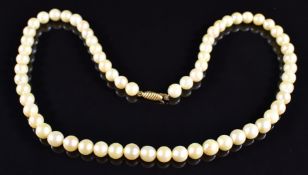 A single strand of cultured pearls with 9ct gold clasp, 22.8g, 40cm