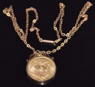 A 1914 gold full sovereign in 9ct gold pendant mount, on 9ct gold chain, 11.7g