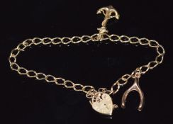 A 9ct gold charm bracelet with anchor and wishbone charm, 4g, 18cm long