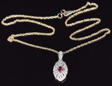 A 9ct gold pendant set with a ruby and diamonds on 9ct gold chain, pendant 2cm and chain 40cm