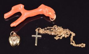 A 9ct gold chain, 9ct gold cross, 9ct gold heart (1.7g) and coral pendant