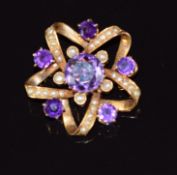 Edwardian 9ct gold pendant / brooch set with amethysts and seed pearls, 4.9g, 2.6cm