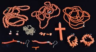 A 9ct gold chain (3.2g), coral cross pendant, two pairs of coral earrings and three coral necklaces