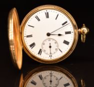 Unnamed 18ct gold full hunter pocket watch with subsidiary seconds dial, blued hands, black Roman