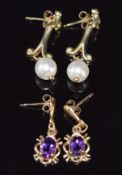 Two pairs of 9ct gold earrings set with pearls and amethyst, 2.1g