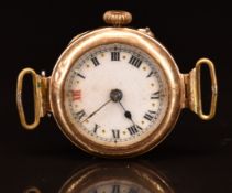 Unnamed 9ct gold ladies wristwatch with blued hands, Roman numerals and white enamel dial, case