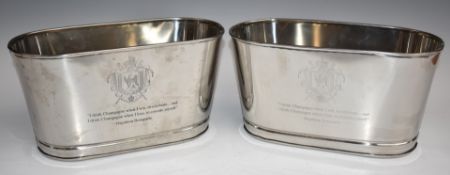 Pair of Bollinger champagne coolers, inscribed with Napoleon Bonaparte and Lily Bollinger quotes,