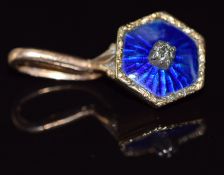 Victorian hexagonal pendant set with blue guilloché enamel and an old cut diamond, 2.9g, 1.2cm