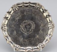 Georgian hallmarked silver salver or card tray with shaped edge and engraved decoration, London