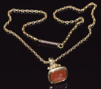 Victorian 9ct gold necklace (7.5g) and a Victorian intaglio seal / fob set with agate reading 'Rouse