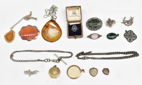 A collection of silver and agate jewellery including moss agate ring and brooch, silver Albert/
