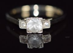 Art Deco 18ct white gold and platinum ring set with a white sapphire and diamonds, 2g, size K/L