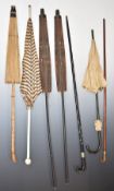 Vintage parasols and walking sticks including dog's head example