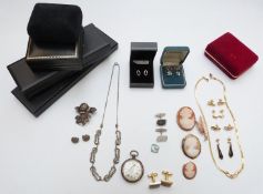 Two 9ct gold brooches set with a cameos, 9ct gold fern brooch, silver brooch set with marcasite,