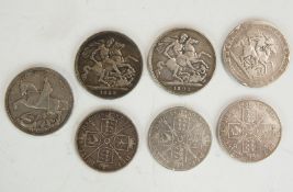 Six coins comprising George III crown, with two Queen Victoria Jubilee crowns, two double florins