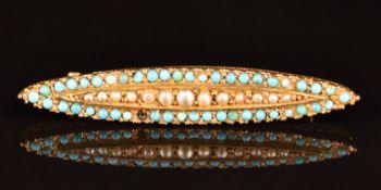 Edwardian 9ct gold brooch set with turquoise and seed pearls, 7g, 5cm