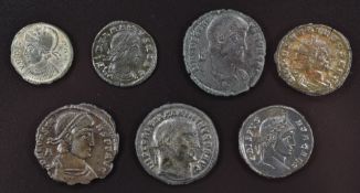 Seven Roman Imperial bronze coins comprising various AE, Follis, centenionalis etc of Decentius,