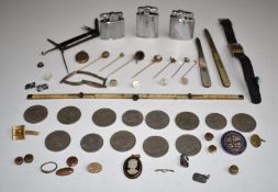 Collectables to include hallmarked silver bladed mother of pearl folding fruit knives, coins,